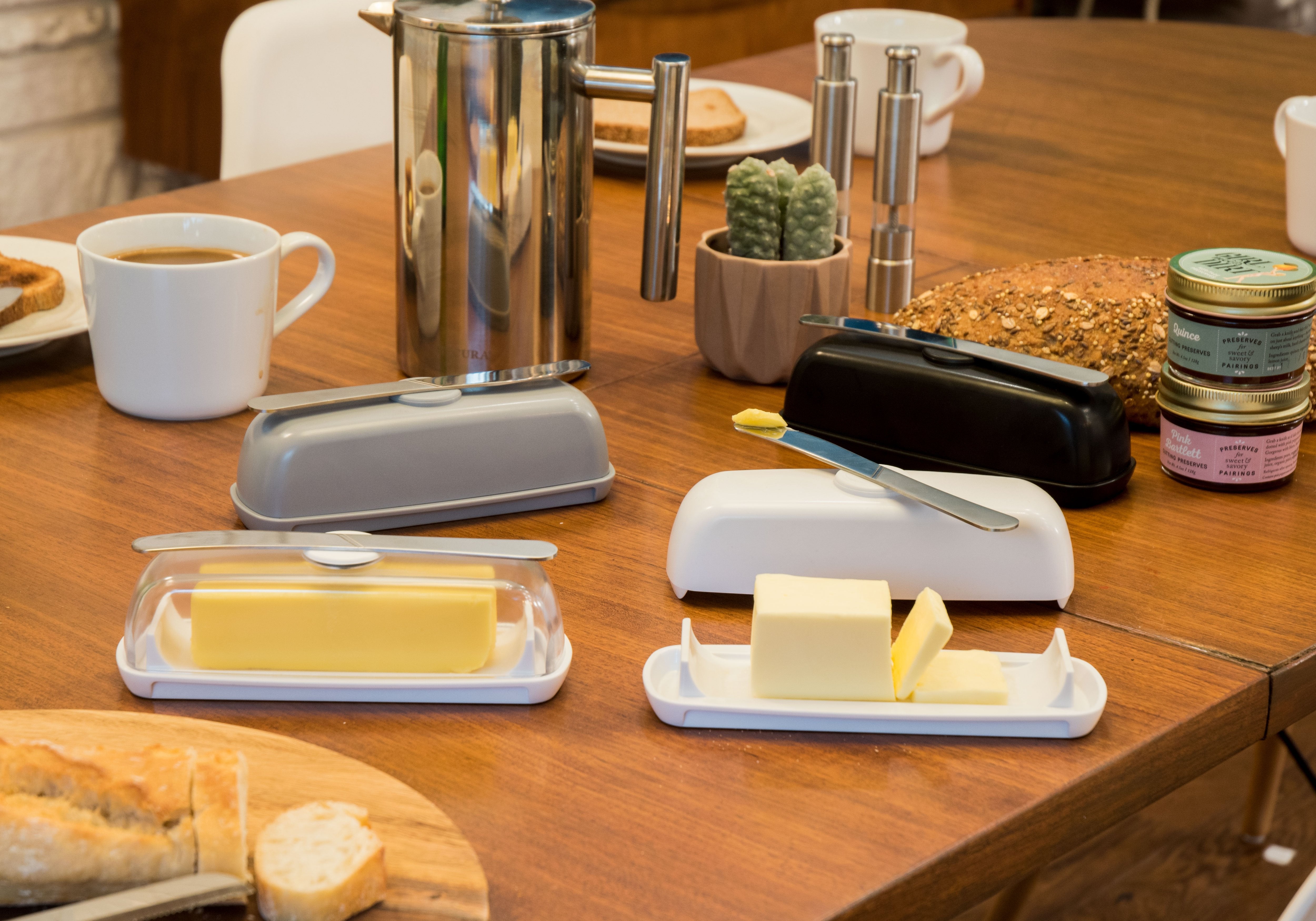 Four colors of the Butter Hub butter dish
