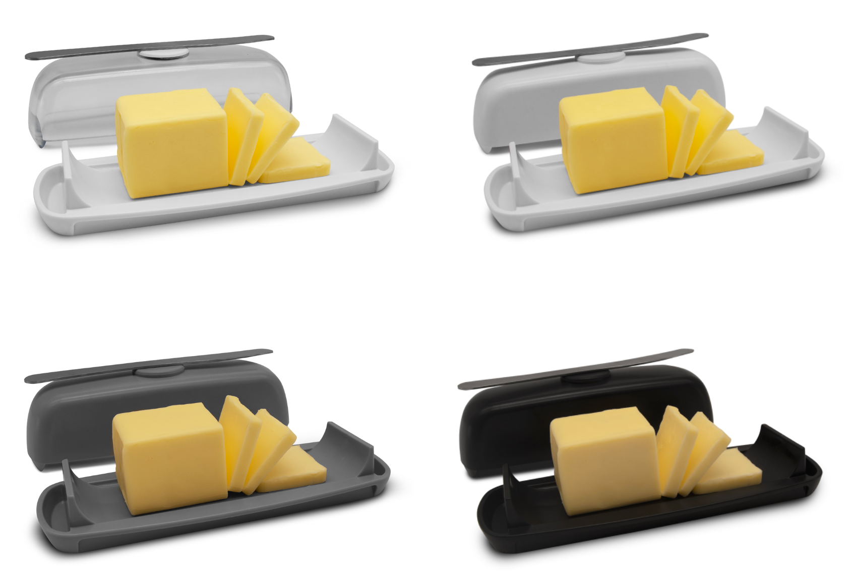 Butter Hub butter dish comes in grey, clear, white and black